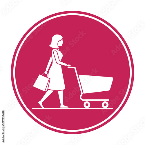 Woman pushing shopping cart with handbag in pink circle icon symbol