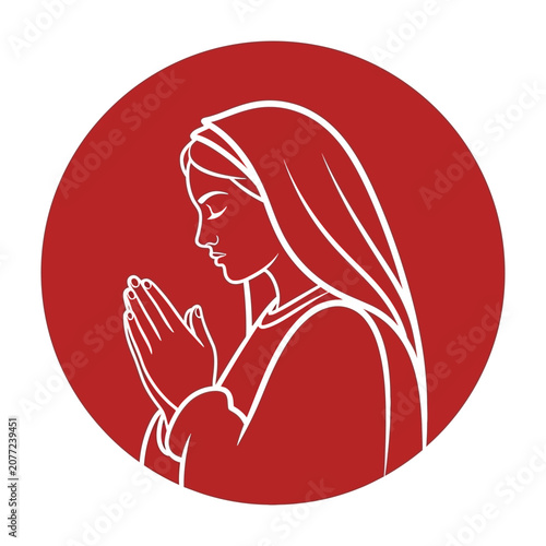 Praying woman in red circle silhouette icon religious symbol