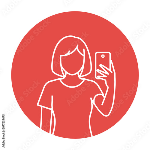 Woman holding smartphone in hand with short haircut and casual t shirt