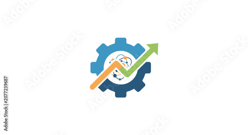 Industrial gear icon containing network core and rising arrow.