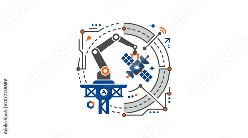 Industrial robotic arm assembly line with satellite and circuits.