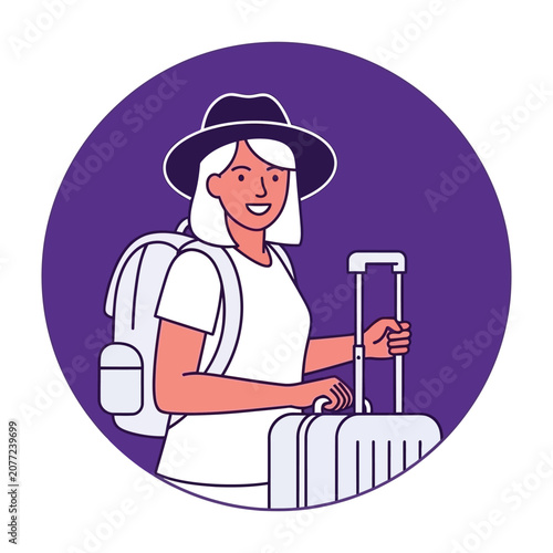 Woman tourist with luggage and backpack smiling outdoors
