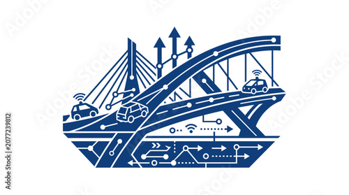 Intelligent infrastructure icon showcasing smart bridge and connected traffic.