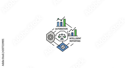 Intelligent reporting and automation diagram with balance scales.