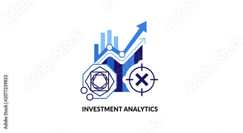 Investment analytics graphic with financial charts and target icon.