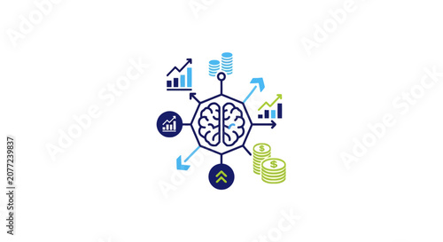 Intelligent brain icon with financial data and currency symbols.
