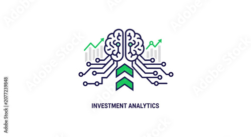 Investment analytics icon featuring neural brain and growth arrows.