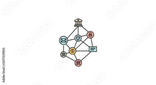 Interconnected financial network nodes with banking and money icons.