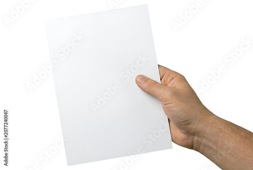 Hand of man holding blank white A4 paper document isolated on white background
