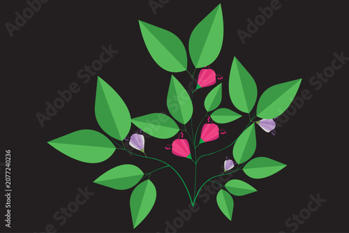 Modern minimal floral branch vector with green leaves and blooming wildflowers.