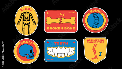 Foto Set of colorful medical stickers featuring skeletal system elements and health diagnostics