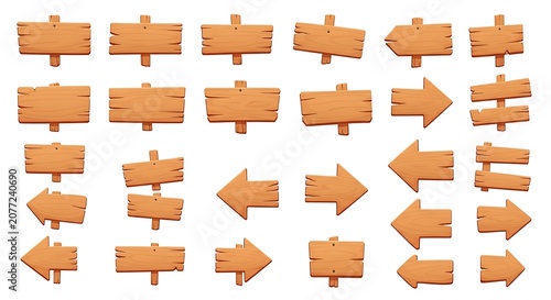 Set of wooden sign boards and directional arrows isolated on white