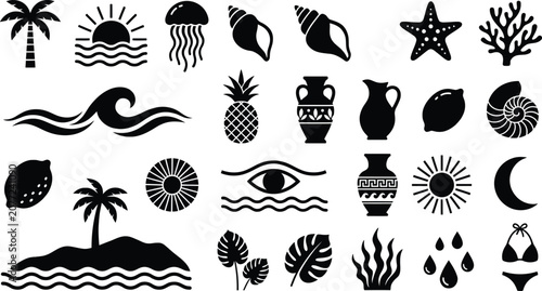 Boho summer set. Naive spiritual geometric palm tree, sun, woman silhouette, waves and corals emblem. Retro coastal prints, summer beach symbol or icon, naive vignetting hand drawn vector