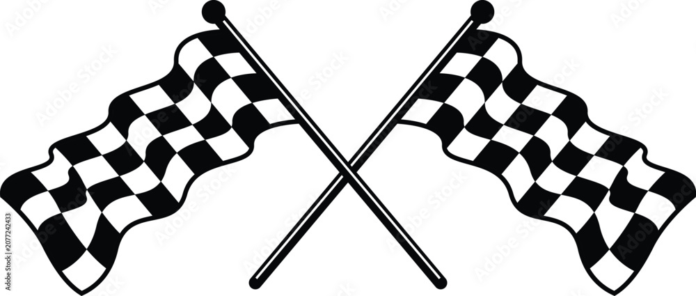 Obraz premium Crossed black and white checkered flags vector illustration with waving texture, isolated silhouette clipart design for motorsport and racing competition championship