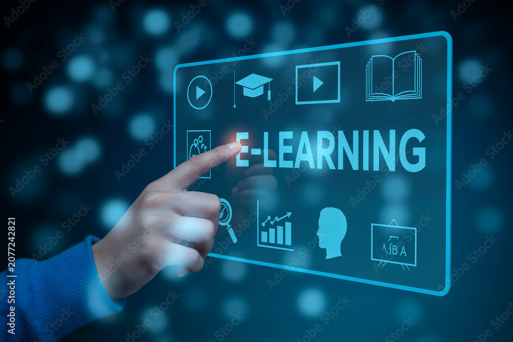 Fototapeta premium Human hand touching virtual e-learning screen with education icons and glowing bokeh background representing digital online knowledge.