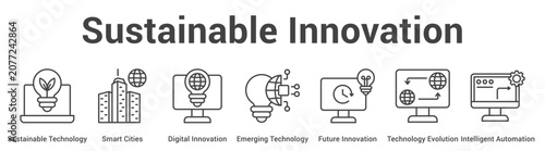 Sustainable Innovation web banner icon vector illustration concept for business with icon of Sustainable Technology, Smart Cities, Digital Innovation, Emerging Technology, Future Innovation,.
