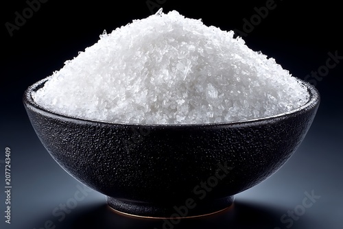 Close-up of a black bowl filled with coarse white salt crystals on a dark background