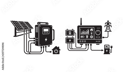 Solar power system icons with electric vehicle charging station and smart home grid energy management network
