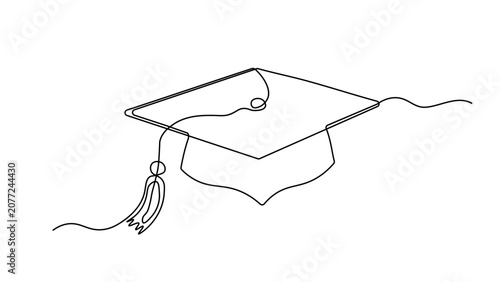 Continuous line drawing of a graduation cap with tassel, minimalist academic achievement illustration, education and commencement concept