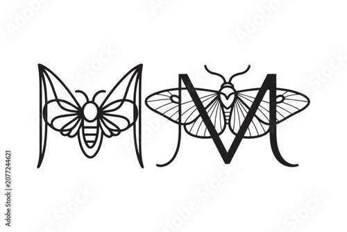 Stylized moth insect character designs integrated into the capital letter M for decorative typography and branding