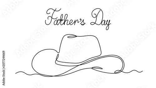 Continuous line drawing of Father's Day with cowboy hat, minimalist western holiday illustration, hand-lettered typography and rustic design concept