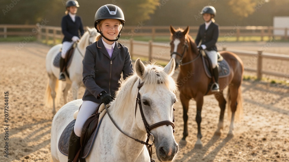 Obraz premium A joyful young girl in formal riding gear smiles at the camera while mounted on a white pony during an outdoor dressage lesson.