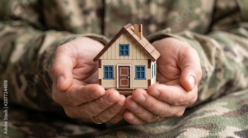 Military Uniform Hands Holding Miniature House Model