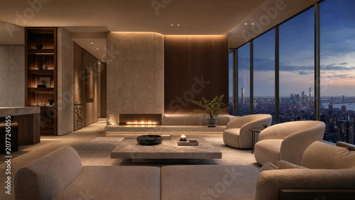 Luxury interior architecture 4k featuring a modern penthouse living room with a linear fireplace, neutral furniture, and floor-to-ceiling windows overlooking a city skyline at dusk.