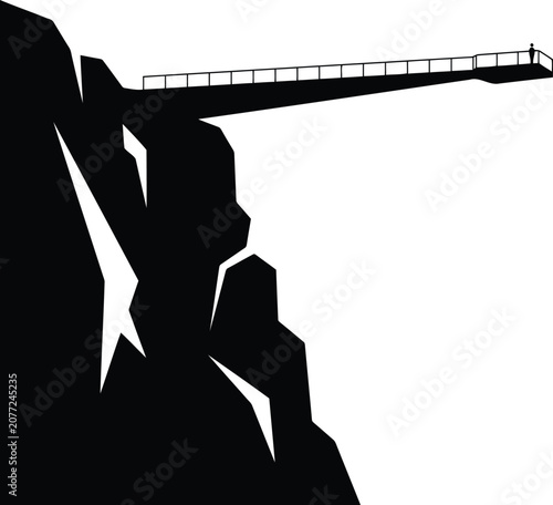 Fotografie Suspension bridge silhouette spanning rocky cliff, isolated black and white grap