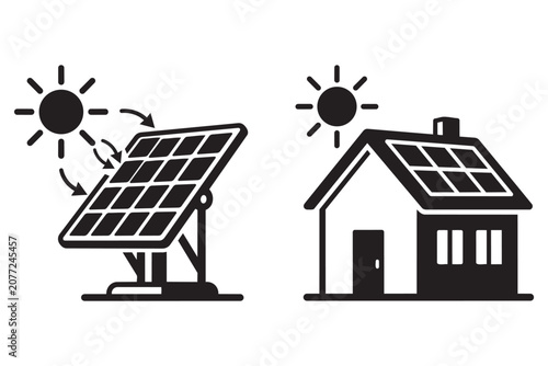 Sun rays hitting residential rooftop solar panels and tracking solar energy collector system icons for sustainability