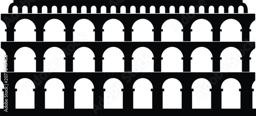Bild auf Leinwand Roman aqueduct silhouette with repeating arches isolated on white, ancient archi