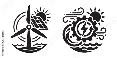 Sustainable energy concepts featuring wind turbines solar panels and electrical power generation icons for green technology