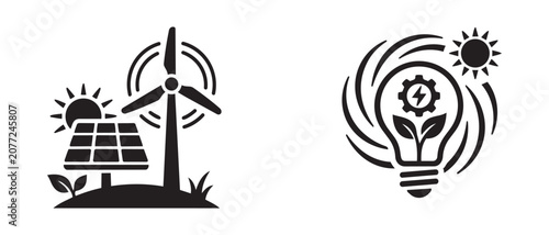 Sustainable energy concepts featuring wind turbines solar panels and creative light bulb eco friendly designs