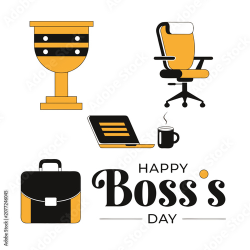 Happy Boss's Day, office, business icons, yellow black, vector graphics