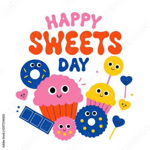 Colorful sweets, dessert icons, happy treats, cartoon cupcakes