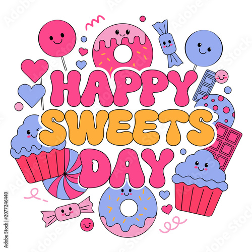 Colorful Happy Sweets Day candies, sweet treats, dessert icons, vector illustrations, festive food graphics