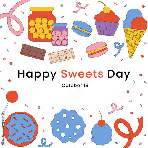 Colorful sweets, desserts icons, Happy Sweets Day celebration, sweet treats, food illustrations