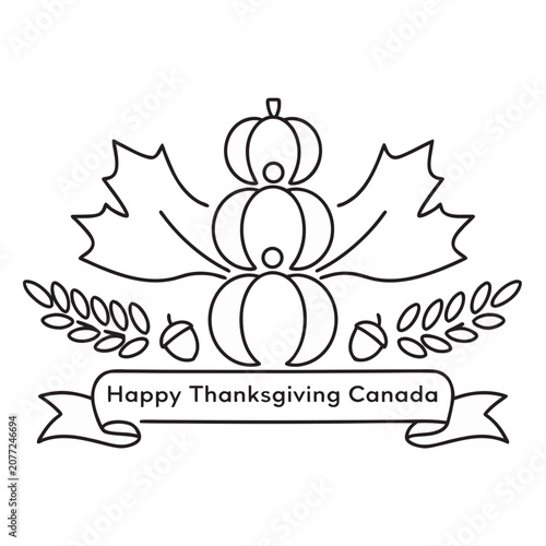 Happy Thanksgiving Canada, Pumpkin Leaves Banner, Vector Illustration, Black and White Line Art