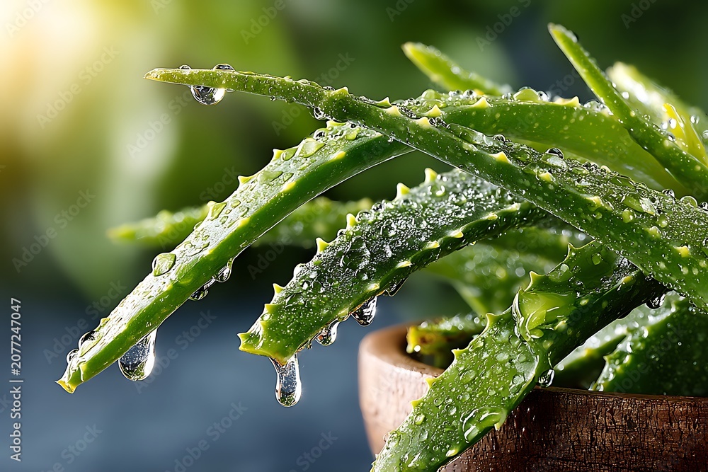 Fototapeta premium Close-up of Aloe Vera Leaves with Water Droplets in Natural Light, Interior or Garden Setting