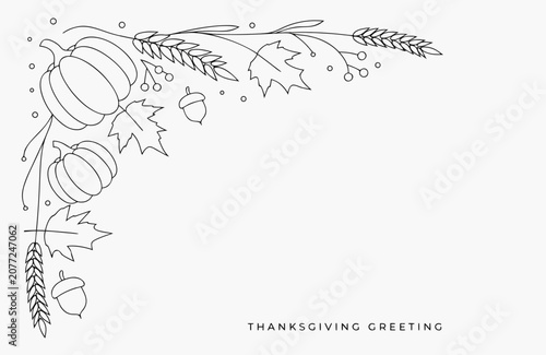 Thanksgiving greeting card template, autumn leaves and pumpkins, fall season vector illustration, seasonal border design