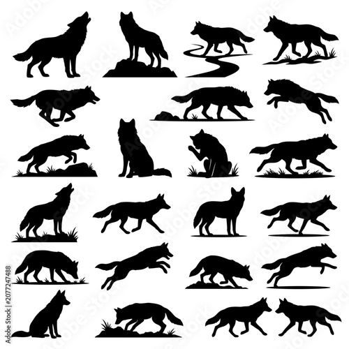 Wild wolf and coyote silhouettes in diverse outdoor nature actions