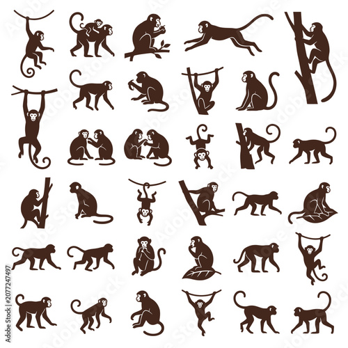 Wild brown monkey silhouette icons collection for nature graphic design