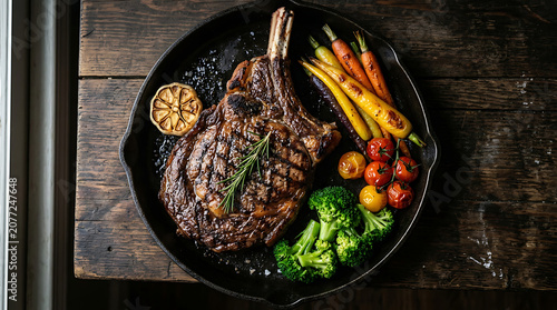 Grilled tomahawk steak with roasted vegetables