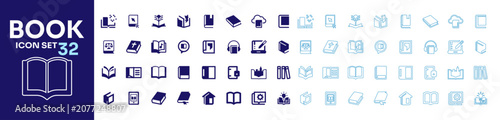 Foto Flat and line outline web icon set of books, digital e-learning, online libraries, and literature vector collection