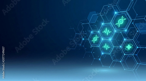 Digital illustration with glowing blue and green hexagonal science icons on a dark blue gradient, symbolizing medical innovation and technology
