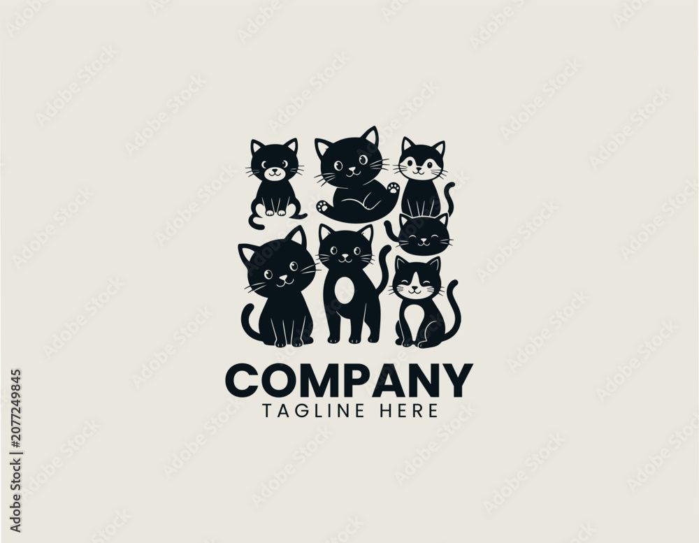 Fototapeta premium Cute cartoon cat family black vector logo illustration style