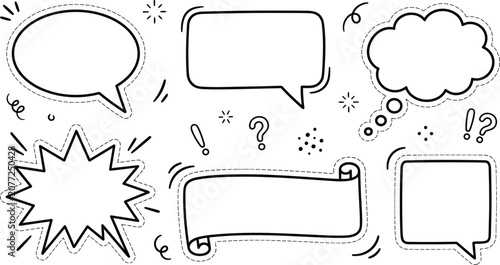 Принти на полотні Blank comic speech bubble sticker doodle set with chat box scroll banner thought