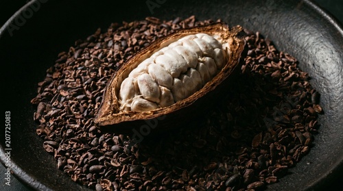 Freshly opened raw cacao pod revealing white pulp seeds sitting inside a rustic dark metal bowl