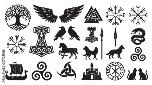 Canvastavla Viking mythology symbols and Norse runes collection, black silhouette pagan icon