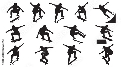 фотографія Skateboarder silhouettes set, black vector skateboarding icons of skaters perfor